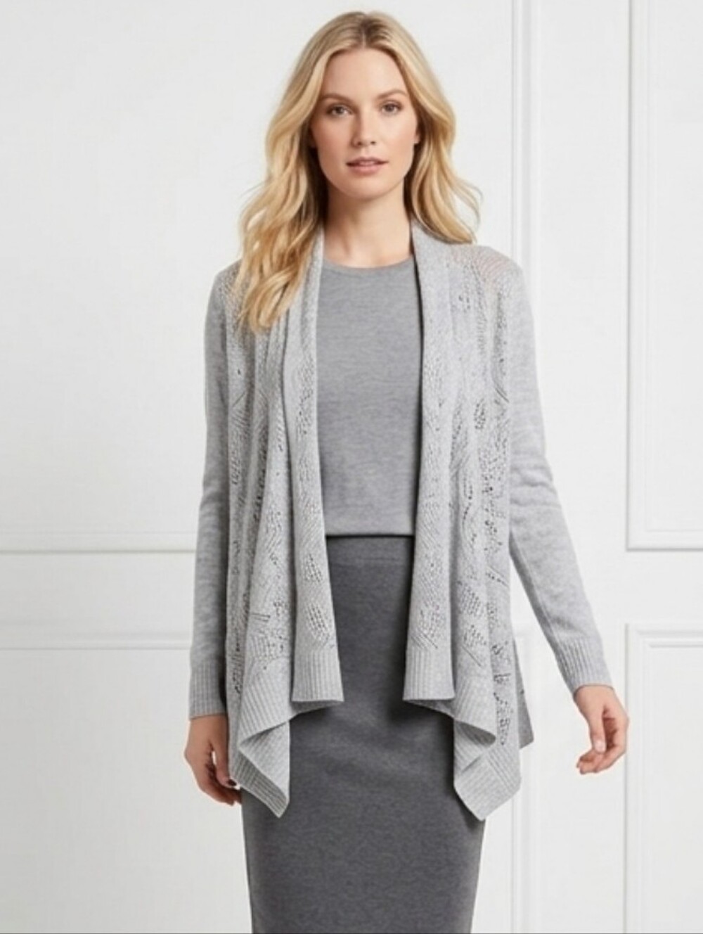 EILEEN FISHER Delicate Weave Merino Wool Gray Cardigan Small